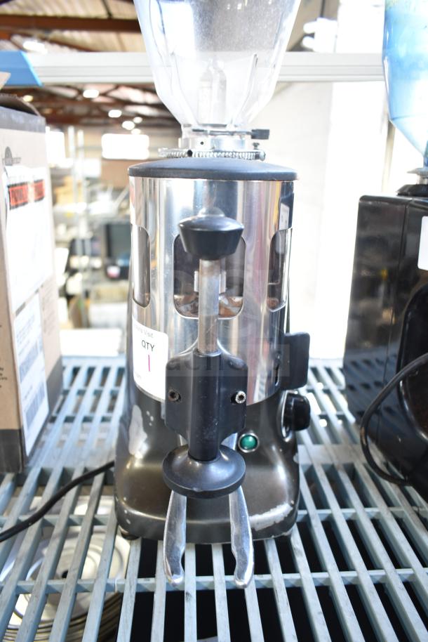 Mazzer Luigi Super Jolly Auto espresso bean grinder, commercial, 220-230V, hopper damaged, metal finish, countertop model.
