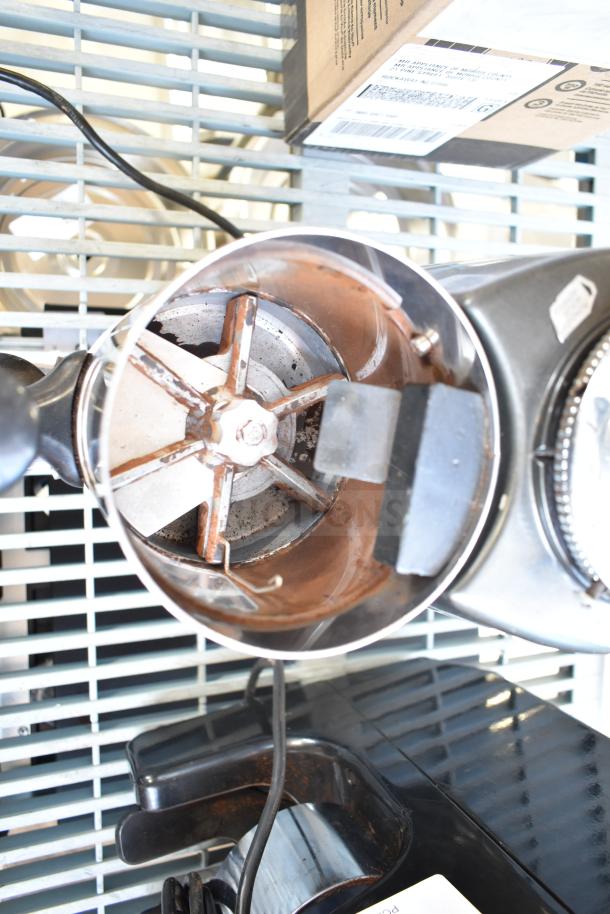 Mazzer Luigi Super Jolly Auto espresso bean grinder with damaged hopper, 220-230V, 1 phase, visible internal components.