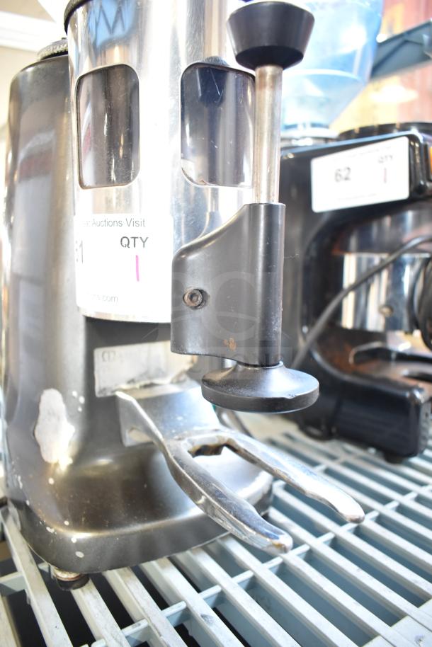Mazzer Luigi Super Jolly Auto espresso grinder, countertop model. Visible wear, damaged hopper. 220-230V, 1 phase.