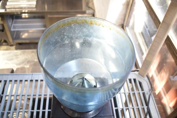 Commercial countertop espresso bean grinder without lid. Visible wear on hopper. 120 volts, 1 phase.