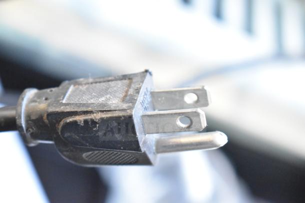 Commercial countertop espresso bean grinder plug, missing lid, 120 volts, 1 phase, shows signs of wear.