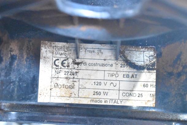 Commercial countertop espresso bean grinder, missing lid. Label indicates 120 volts, 1 phase, 250 watts, made in Italy.