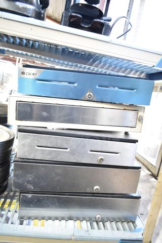 Five metal cash drawers, stackable design. Features locks and slots. Brand "Par" visible. Used condition.