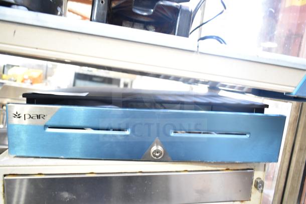 PAR cash drawer, metal, blue finish, secure lock, visible wear, multiple units for auction.