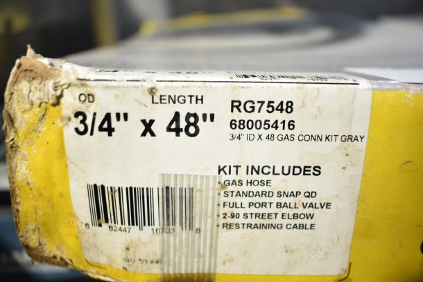 Alt text: ReliaGuard RG7548 new 48" gas connector kit with slight box damage. Includes gas hose, ball valve, and more.