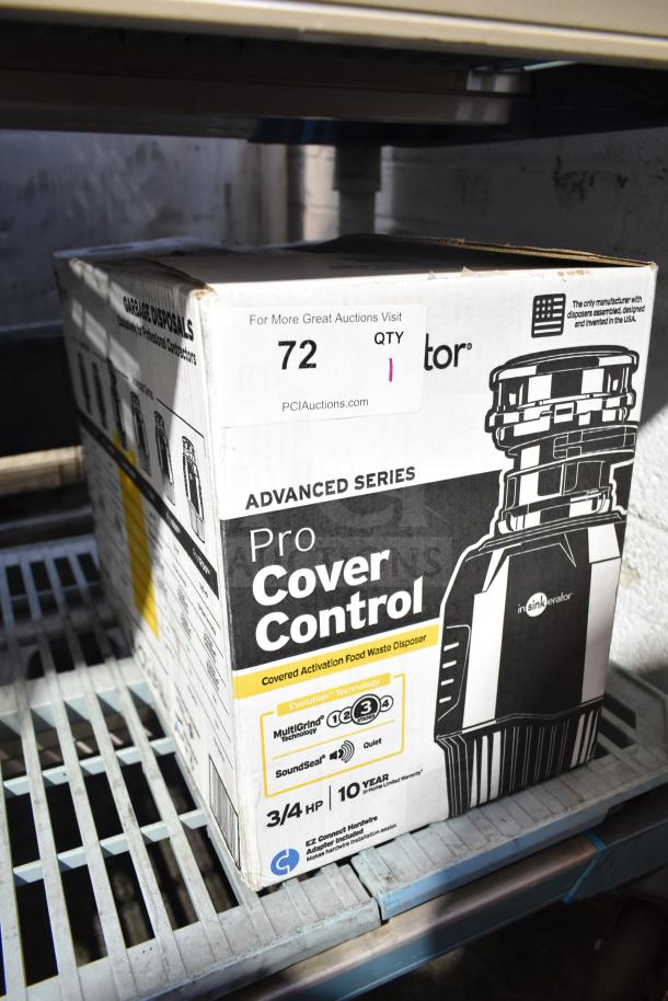 Brand new Insinkerator Cover Control Plus 3 garbage disposal box on shelf. Advanced series, 120 volts, 1 phase, 3/4 HP.
