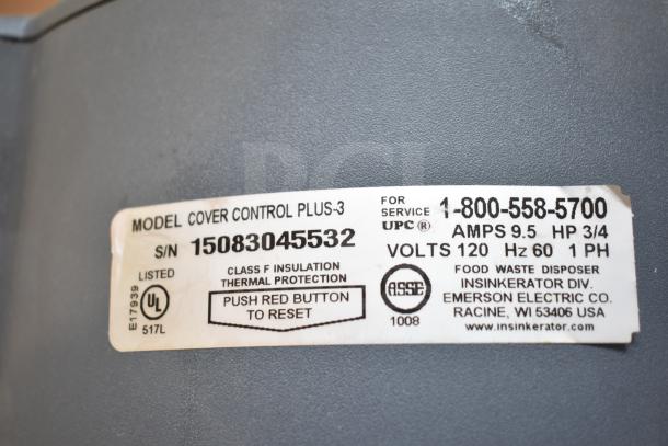 BRAND NEW SCRATCH AND DENT Insinkerator Cover Control Plus 3 Garbage Disposal, 120V, 1 Phase, shows model and service info label.