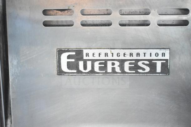 Everest EPPSR2 Commercial Pizza Prep Table with 2-tier overshelf, stainless steel, 115V, 1 phase, branded "Everest Refrigeration."