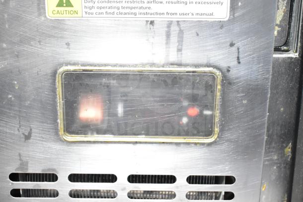 Everest EPPSR2 Commercial Pizza Prep Table control panel with caution label above, metal surface, 115V, 1 Phase.