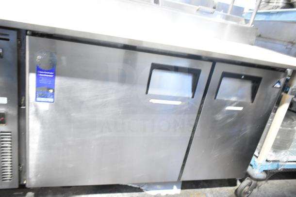 Everest EPPSR2 commercial pizza prep table with 2-tier overshelf, stainless steel. 115V, 1 phase, fair condition.