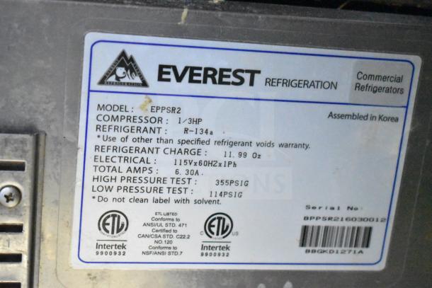 Everest EPPSR2 label with compressor details, refrigerant type R-134a, 115 volts, 1 phase, assembled in Korea.