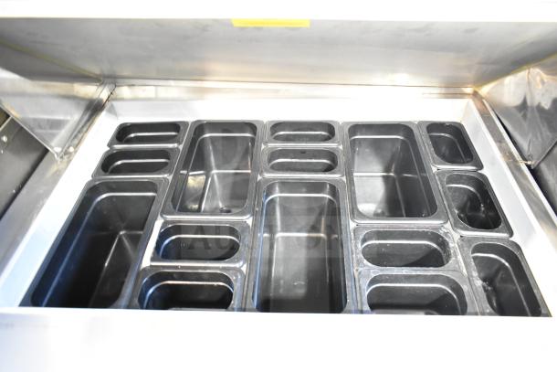 Berg EDMT-72-30 prep table, sandwich salad bain marie, black pans, stainless steel, 115V, 1 phase, commercial use.