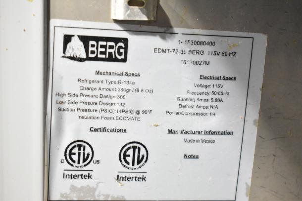 Berg EDMT-72-30 Sandwich Salad Prep Table, Bain Marie Mega Top, 115V, 1 Phase. Made in Mexico. Intertek certified.