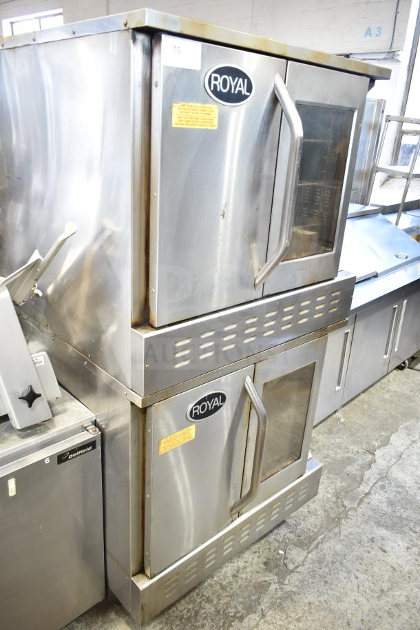Two Royal RCOS-1 commercial convection ovens, stainless steel, with view-through and solid doors, thermostatic controls.