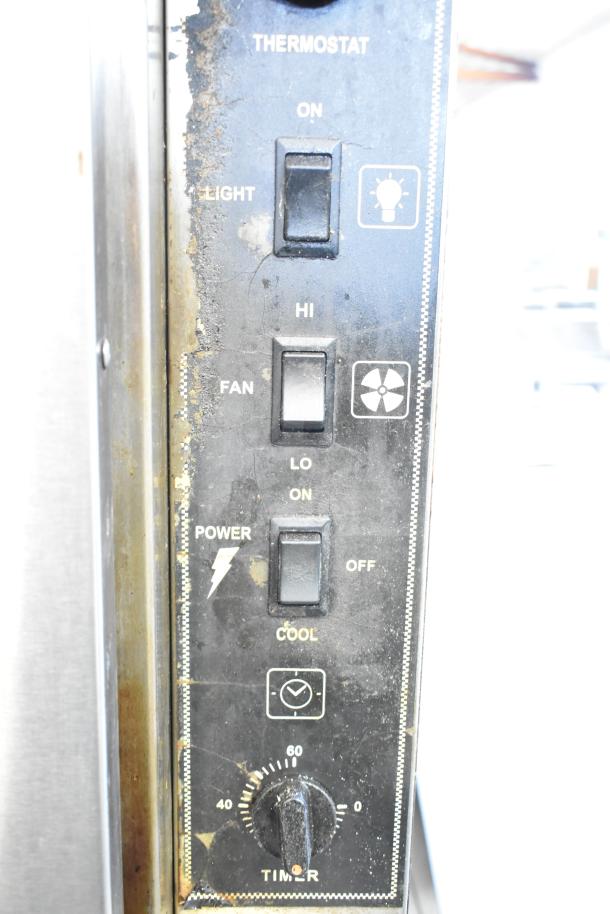 Royal RCOS-1 convection oven controls showing thermostat, light, fan, power, and timer settings.
