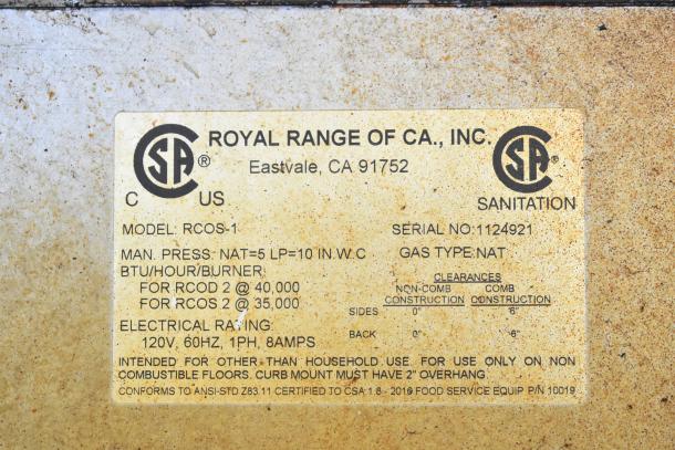 Label displaying technical specifications for Royal RCOS-1 convection ovens, including model, gas type, and electrical rating.