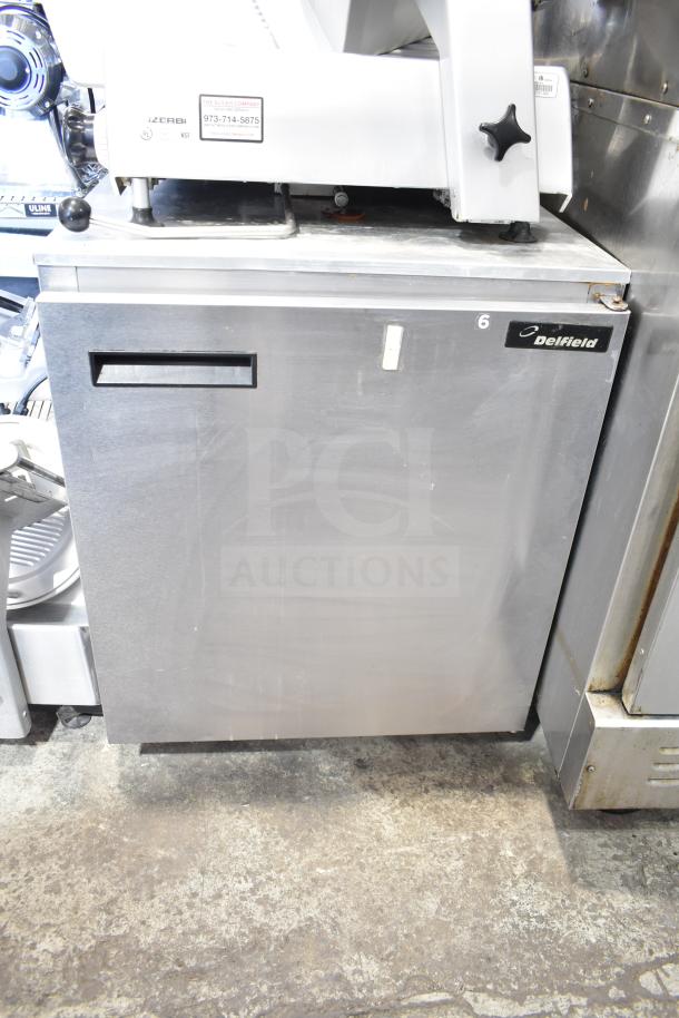 Delfield 406-CA Commercial Undercounter Cooler, single door, stainless steel, 115V, 1 phase, visible Delfield logo.