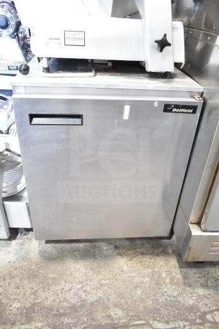 Delfield 406-CA Commercial Undercounter Cooler, single door, stainless steel, 115V, 1 phase, visible Delfield logo.