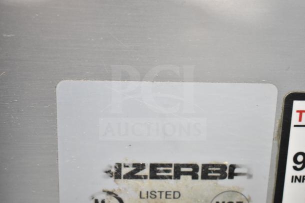 Bizerba Commercial Countertop Meat Slicer, 120 Volts, NSF listed label partially visible, stainless steel surface.