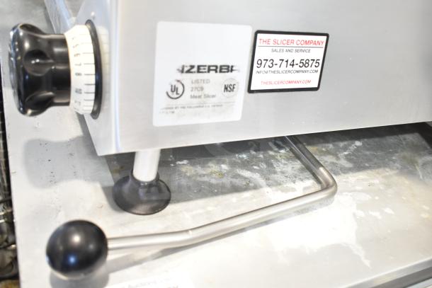 Bizerba Commercial Countertop Meat Slicer, 120V, 1 Phase; features adjustable knob and UL/NSF labels for safety compliance.
