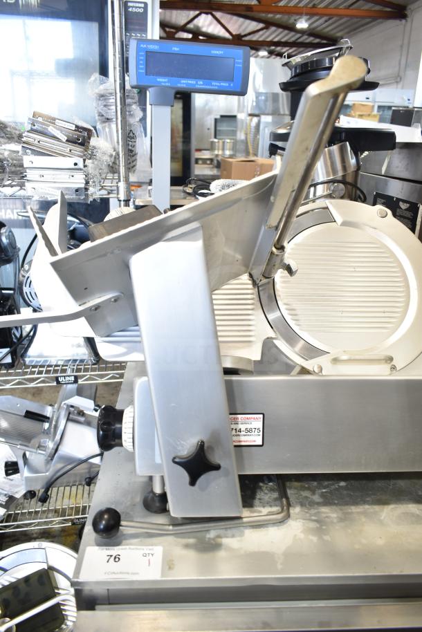 Bizerba Commercial Countertop Meat Slicer, 120V, 1 Phase. Stainless steel body, visible operation controls, minor wear.