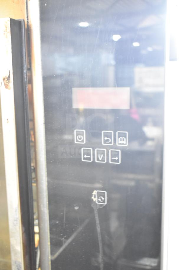 Fri-jado TDR7-P rotisserie oven, electric, commercial casters, control panel close-up, broken glass visible. 208V, 3-phase.