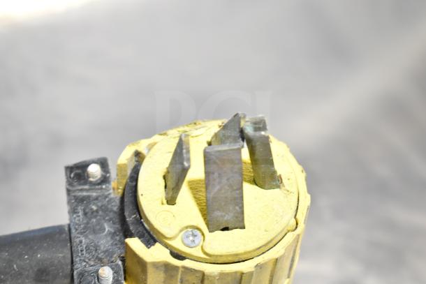 Industrial power plug for Alto Shaam CTP10-10E combi convection oven. Yellow, 3-prong. Detailed close-up view.