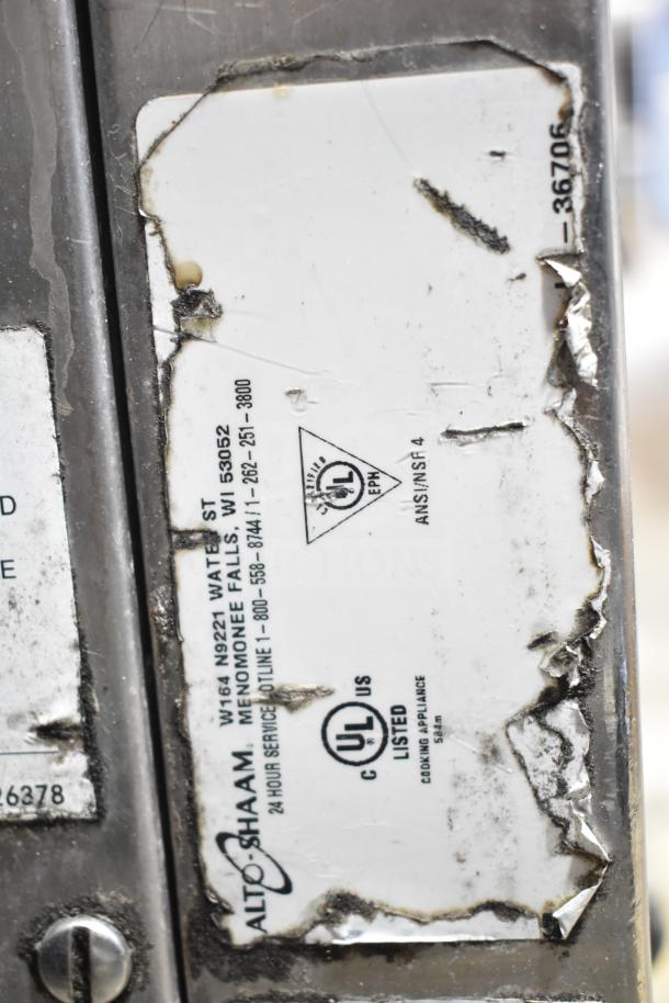 2018 Alto Shaam CTP10-10E stainless steel combi convection oven tag showing model and UL certification.