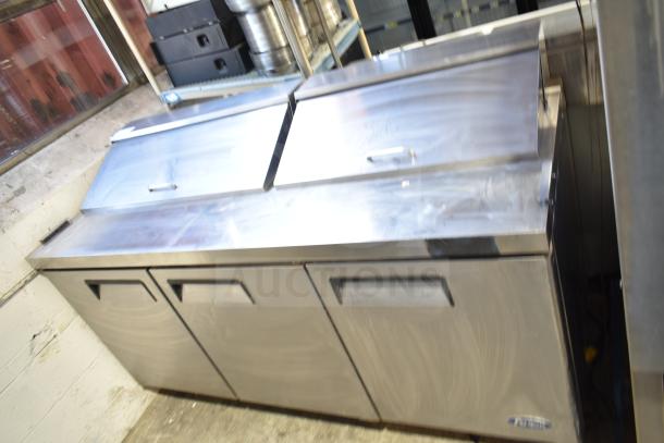 Atosa MSF8304 commercial sandwich salad prep table with mega top, stainless steel, on casters, 115 Volts, 1 Phase.