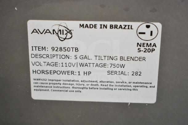 AvaMix 92850TB 5-gallon tilting blender label, 110V, 750W, 1 HP. Serial 282, made in Brazil. Commercial use only.