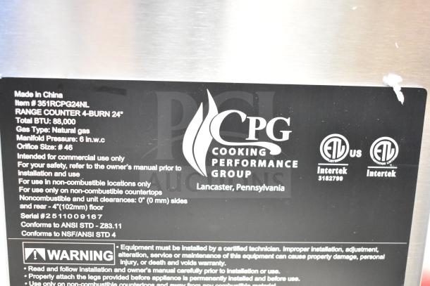 BRAND NEW Scratch and Dent 2025 CPG R-CPG-24-NL 4 Burner Natural Gas Range, 88,000 BTU, Model 351RCPG24NL, commercial use.