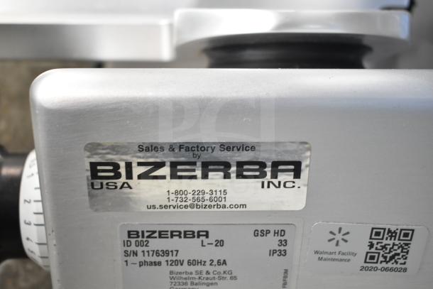 2020 Bizerba GSP HD meat slicer, commercial countertop model. Features 120V, 1 phase. Visible Bizerba service label.