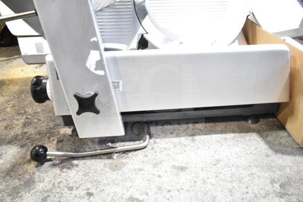 2020 Bizerba GSP HD Commercial Meat Slicer, 120 Volts, 1 Phase, visible wear, white panel with a knob and QR code.