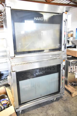 2 Hardt Inferno 4500 Commercial Natural Gas Powered Rotisserie Ovens on Commercial Casters. Each Oven Has a 40 Bird Capacity. 95,000-101,000 BTU. 2 Times Your Bid!