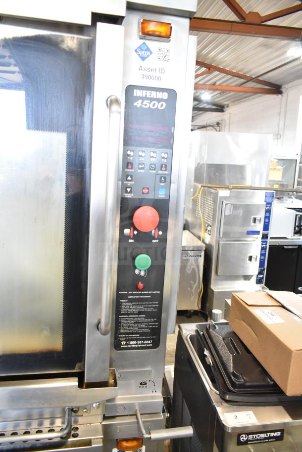 Hardt Inferno 4500 rotisserie oven, 40-bird capacity, natural gas, commercial casters, control panel visible.