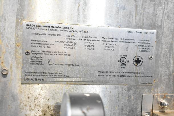 Label on Hardt Inferno 4500 rotisserie oven, detailing gas type, clearances, input rating, and compliance certifications.