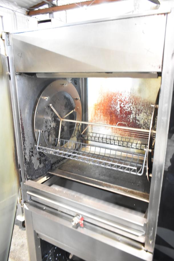 Fri-jado TDR7-P electric rotisserie oven with internal racks, showing wear. 208V, 3 phase, on commercial casters.