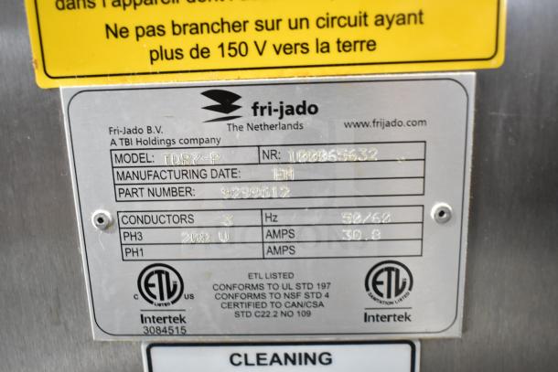 Fri-jado TDR7-P electric rotisserie oven tag, showing model, voltage, conductors, and ETL certification details.