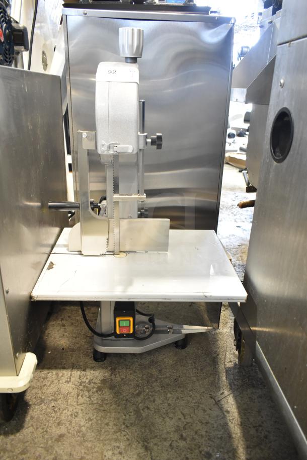 Vevor HC-250 Commercial Bone Saw Machine, 110-120V, 1 Phase, stainless steel, used condition, front control panel visible.