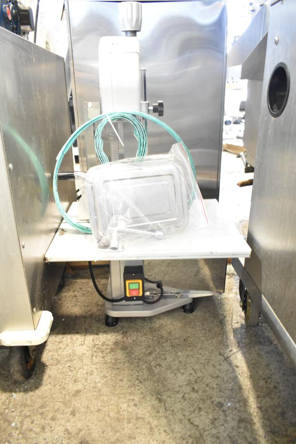 Vevor HC-250 Commercial Bone Saw Machine, 110-120V, 1 Phase. Includes stainless steel components, visible power switch, and packaging.