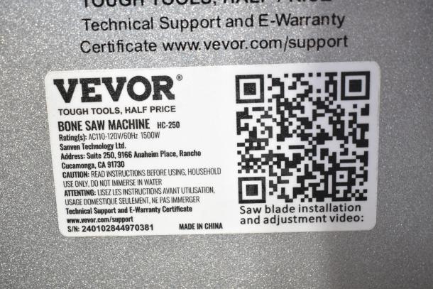 Vevor HC-250 Commercial Bone Saw Machine label, 110-120V, 1500W. Includes QR code for saw blade installation video. Made in China.
