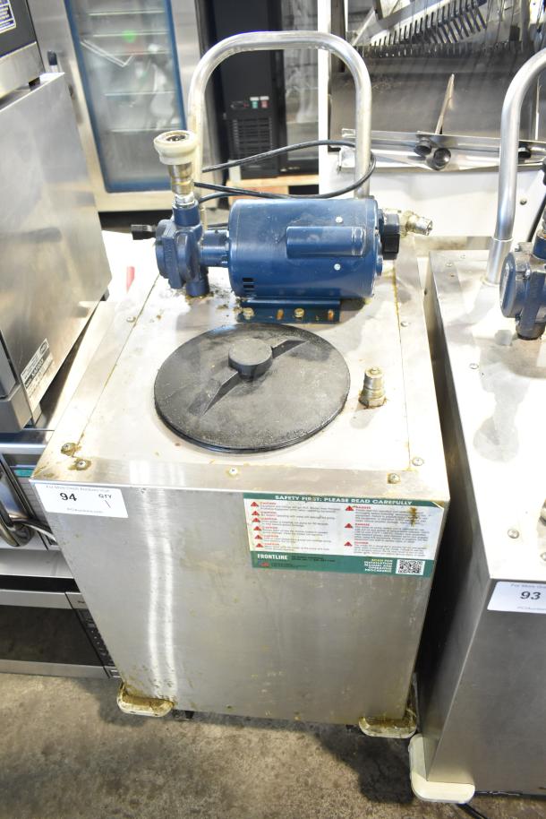 2021 Frontline 47SS Commercial Grease Caddy on casters. Visible wear. Safety instructions labeled.