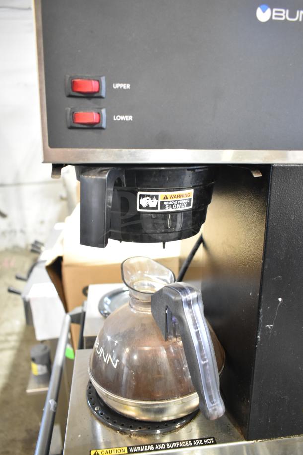 2025 Bunn VPR Coffee Machine, 2 burners, 120V, 1 phase. Features upper/lower switches, warning labels, and glass carafe.