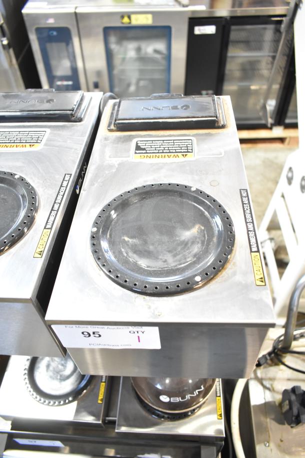 2025 Bunn VPR commercial countertop 2 burner coffee machine, stainless steel, 120 volts, 1 phase, visible caution labels.