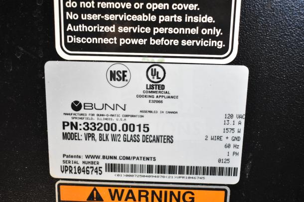 Label on a Bunn VPR commercial coffee machine. Shows model, serial number, voltage, and certification logos.