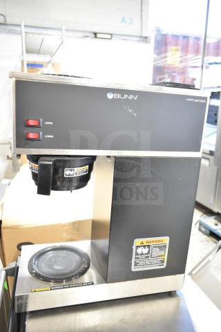 2024 Bunn VPR Commercial 2 Burner Coffee Machine, 120V, 1 Phase. Features red control buttons, caution labels visible.