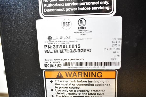 2024 Bunn VPR coffee machine label, model VPR with two glass decanters, 120V, commercial listing, serial VPR1043152.