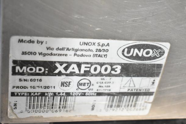 Cadco Unox XAF003 Roberta convection oven label with model, serial number, and certification marks. Made by UNOX S.p.A.
