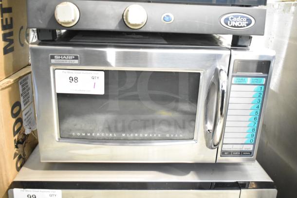 2021 Sharp R-21LVF Commercial Microwave Oven, 120V, stainless steel, keypad, visible label "98 QTY 1".