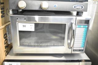 2021 Sharp R-21LVF Commercial Microwave Oven, 120V, stainless steel, keypad, visible label "98 QTY 1".